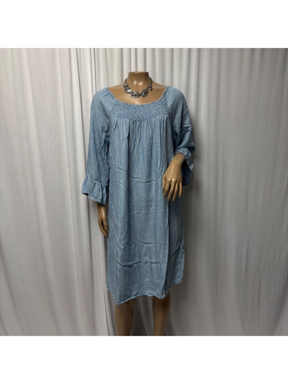 New Directions Dress Size Medium Blue White Striped Smocked Casual Boho Peasant
